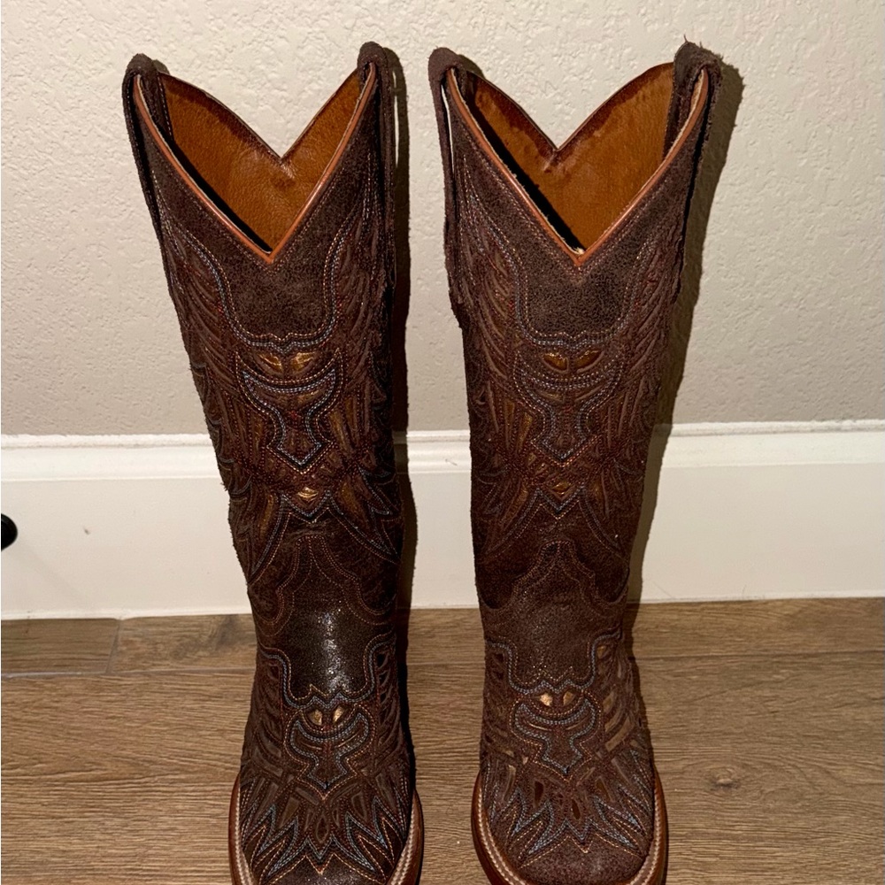 Lucchese Brown cut out Embroidered Western Cowboy Boots
